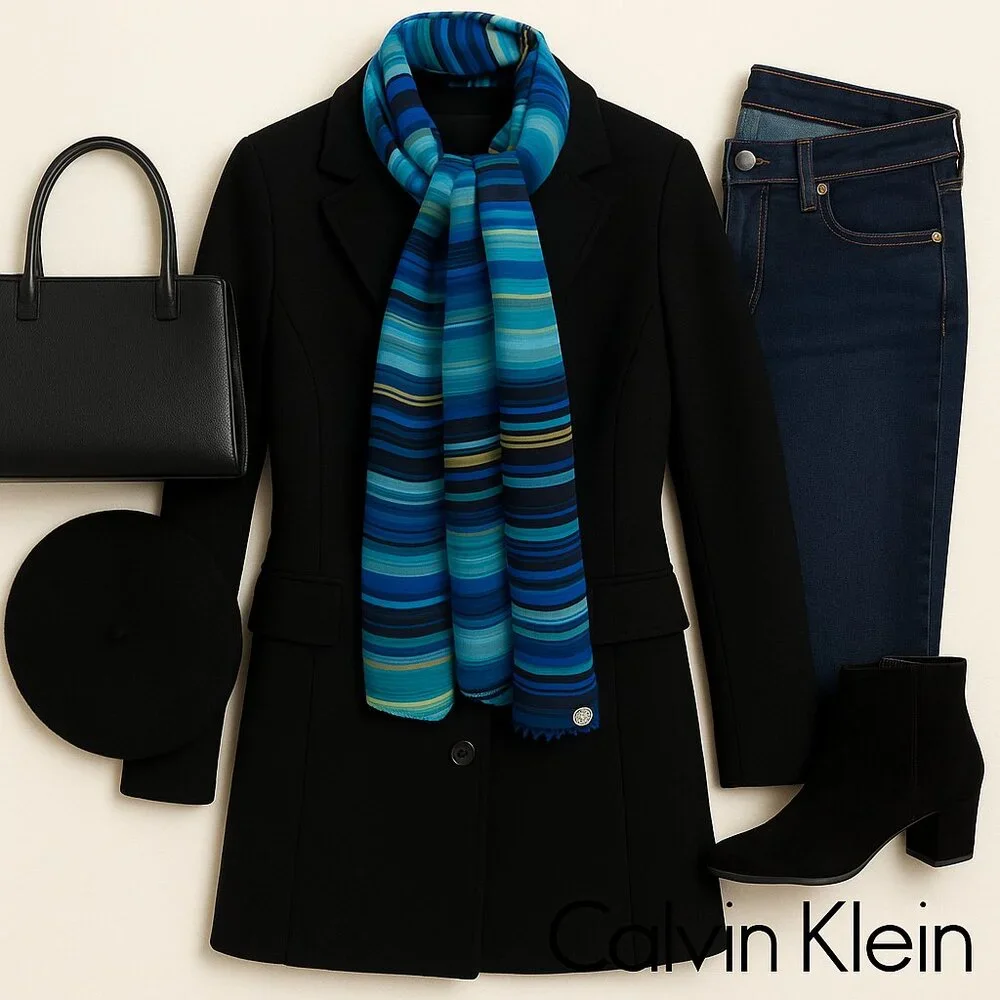 Calvin Klein Striped Scarf – Luxe Jewel-Toned Blues & Black